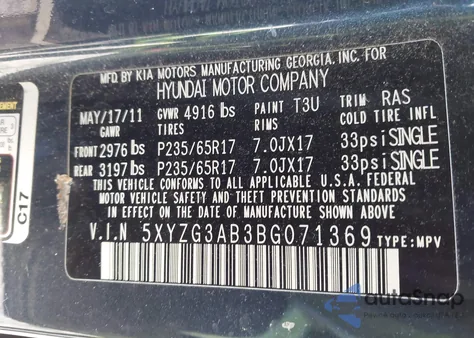 2011 Hyundai Santa Fe Gls z USA, uszkodzony, nr VIN 5XYZG3AB3BG071369